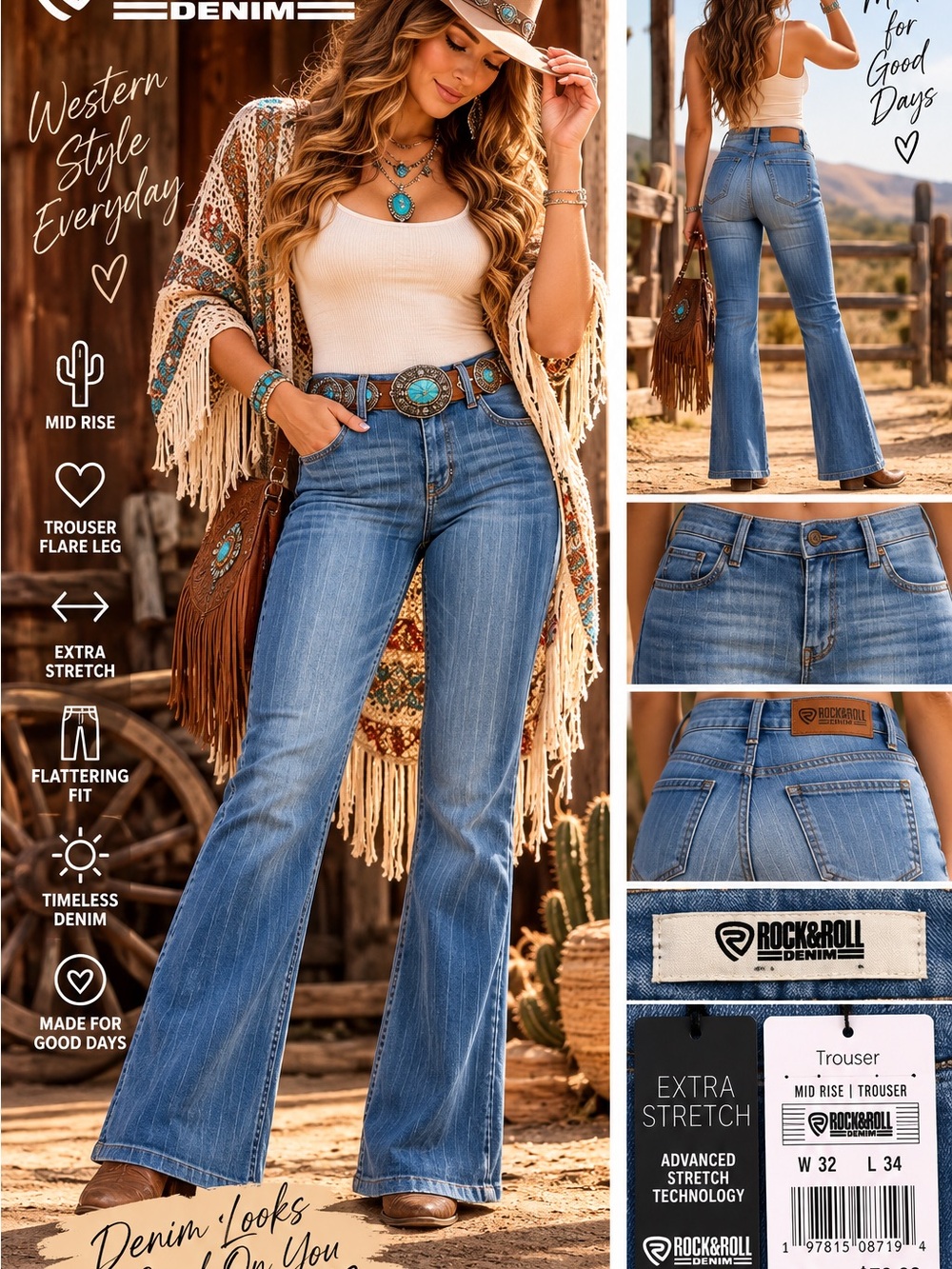Rock & Roll Denim Mid Rise Trouser Flare Jeans NWT | W32 L34
